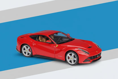 Red Ferrari F12 Berlinetta model car on a blue and gray background with Bburago logo.